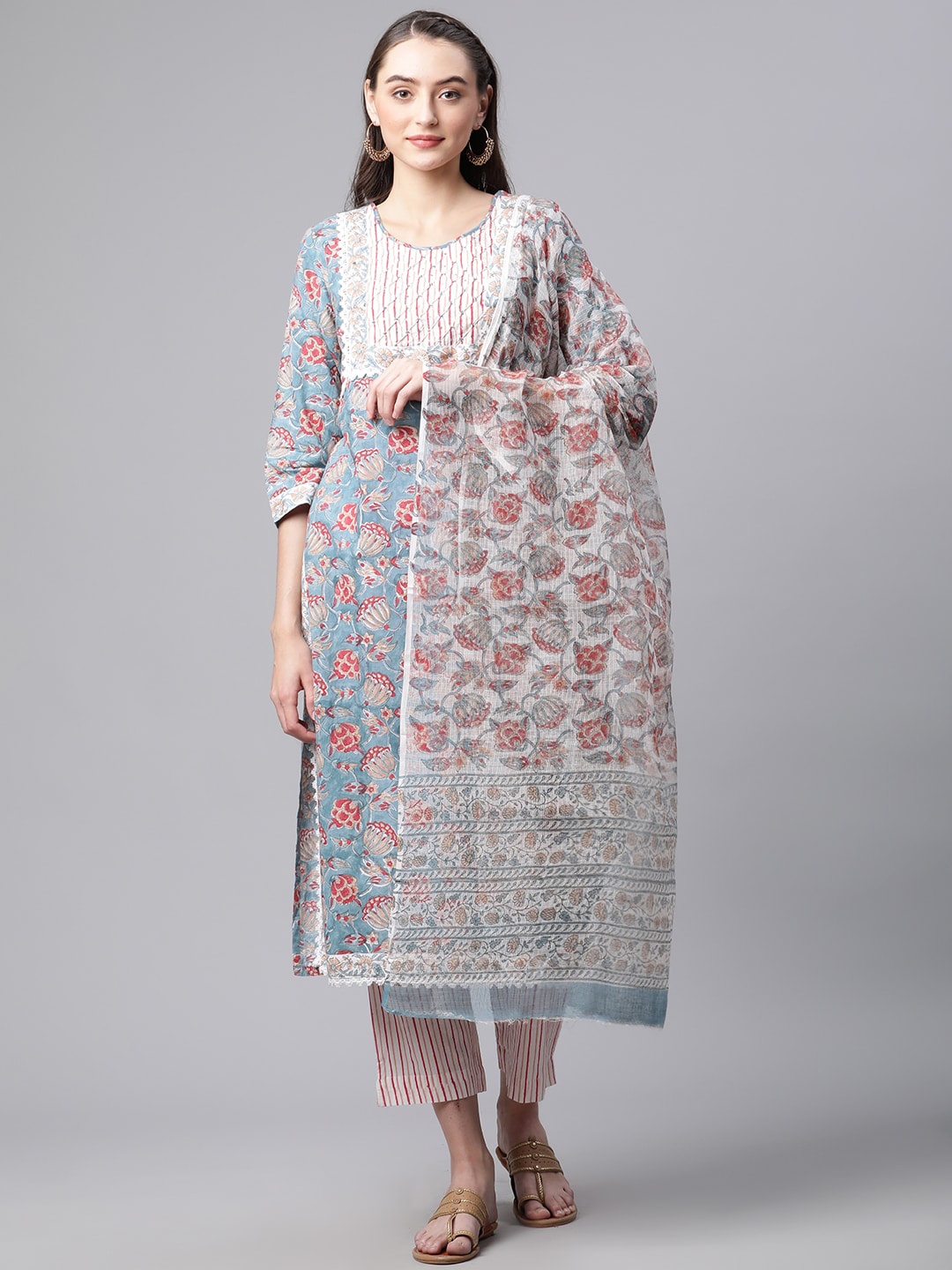 

Divena Women Turquoise Blue Floral Printed Pure Cotton Kurta with Trousers & With Dupatta