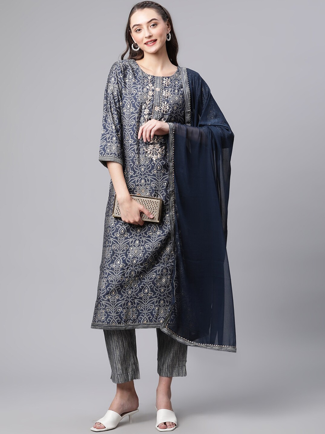 

Divena Women Blue Bandhani Printed Chanderi Silk Kurta with Trousers & With Dupatta