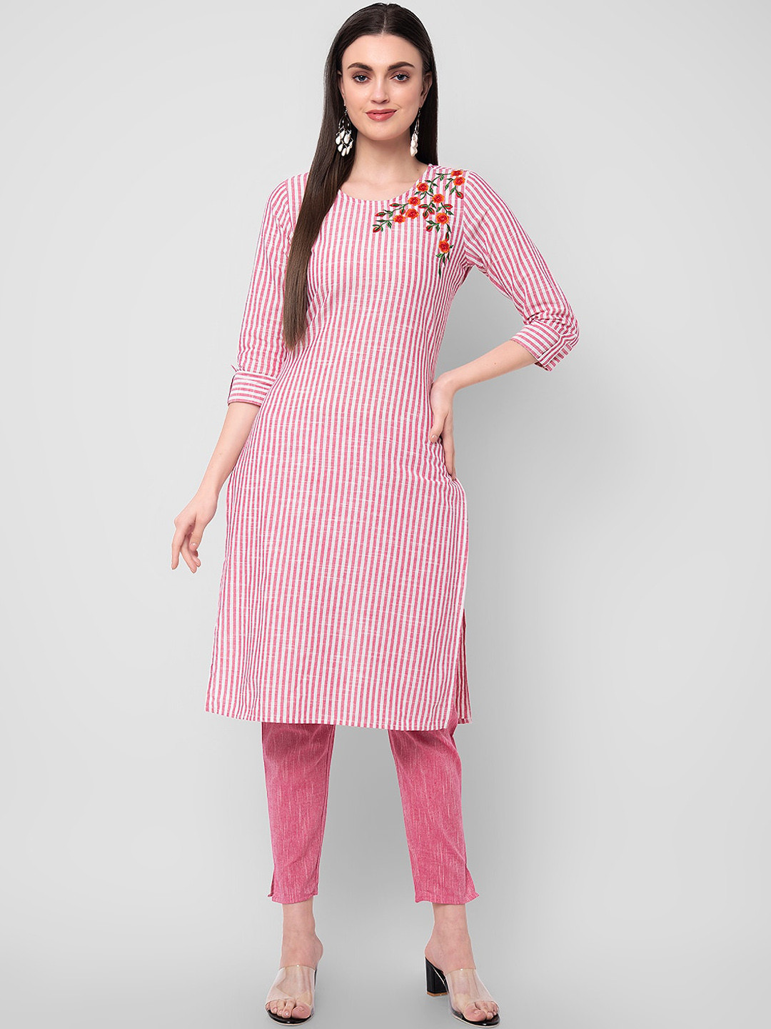 

Sanganeri Kurti Women Pink Striped Embroidered Kurta Pure Cotton Kurta with Trouser