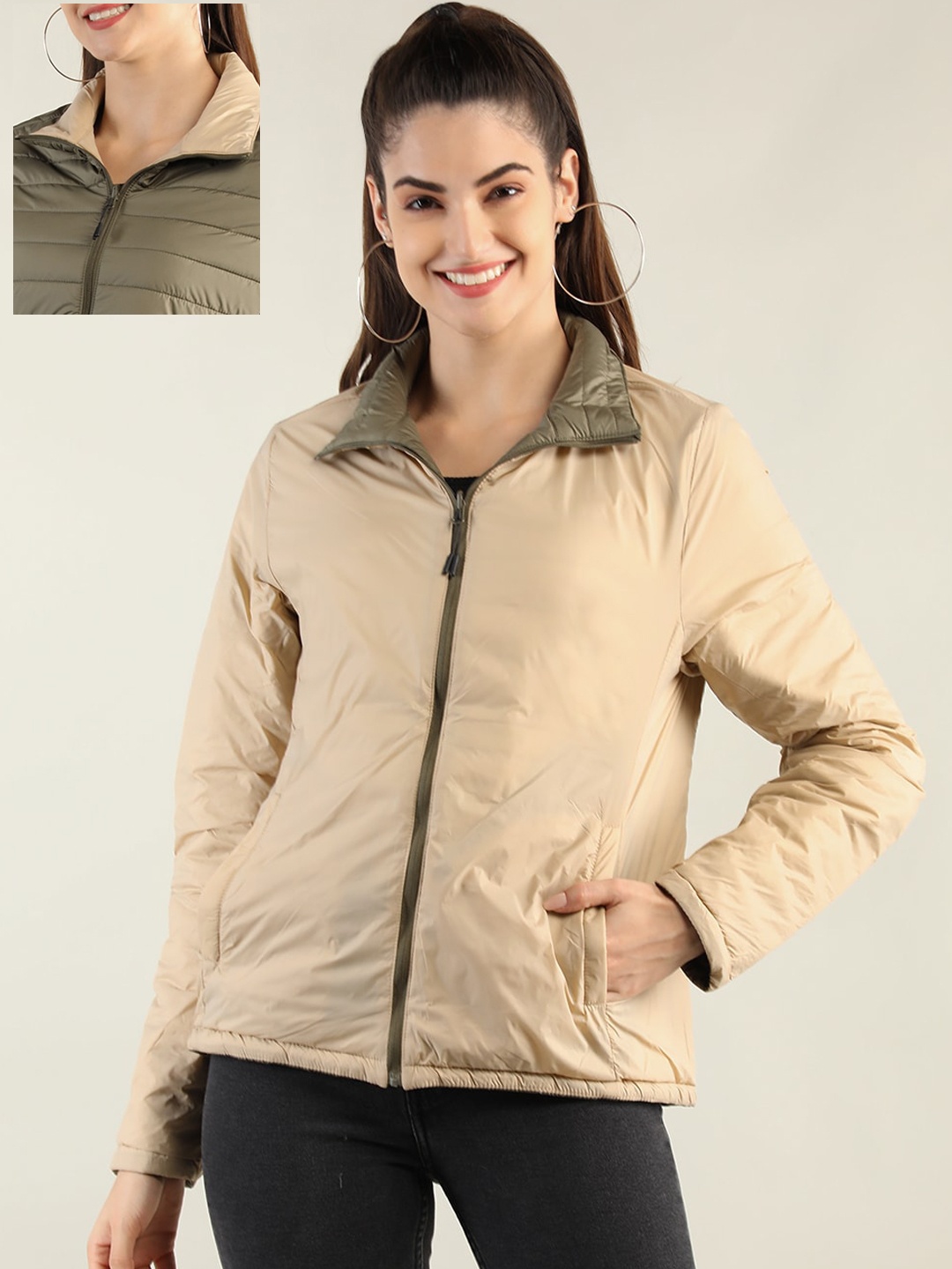 

LURE URBAN Women Beige & Olive Green Colourblocked Reversible Padded Jacket
