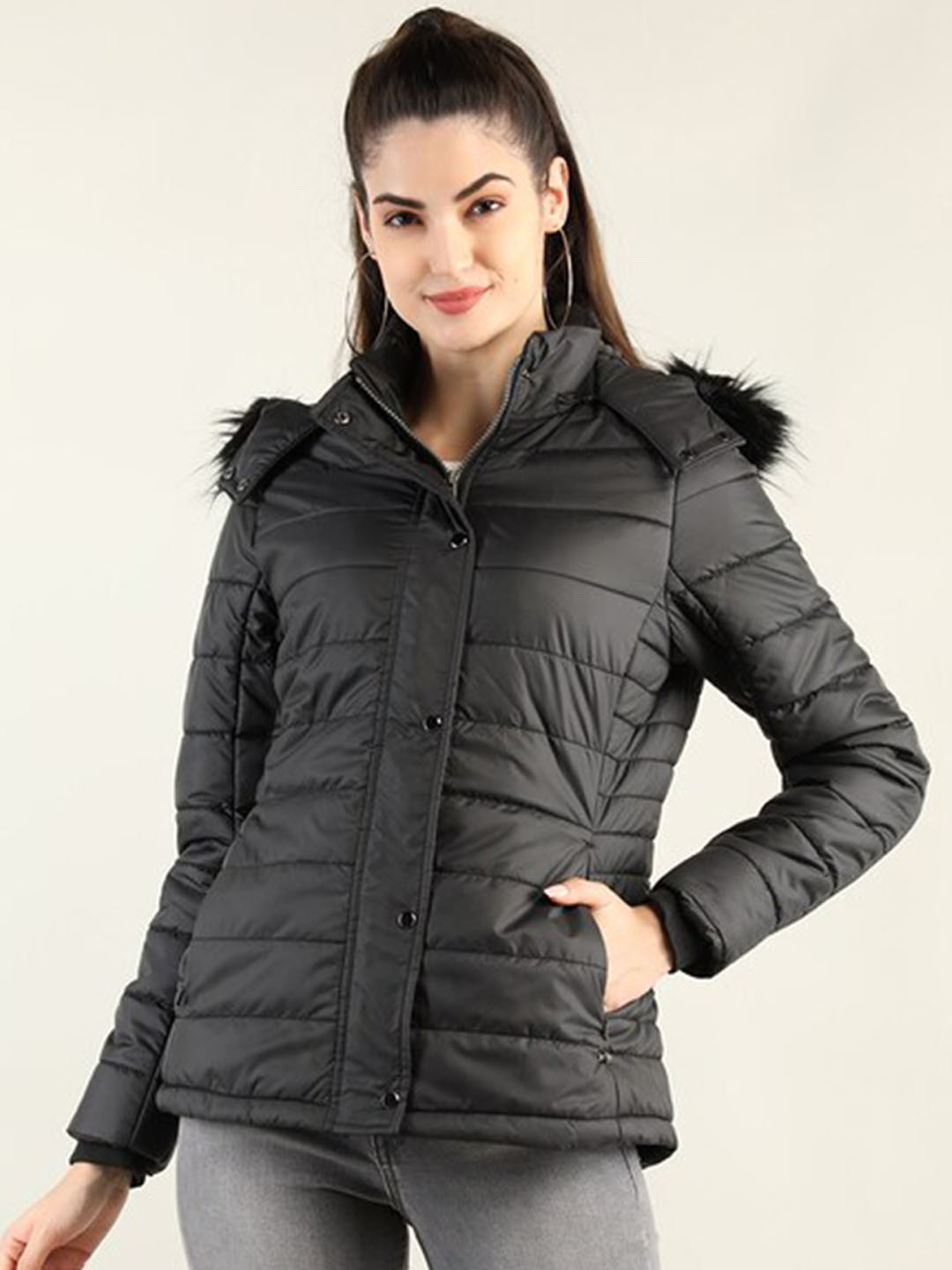 

LURE URBAN Women Black Solid Polyester Hooded Padded Jacket