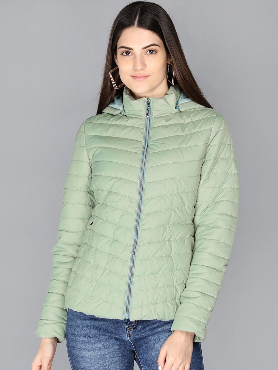 

LURE URBAN Women Green Solid Polyester Hooded Padded Jacket