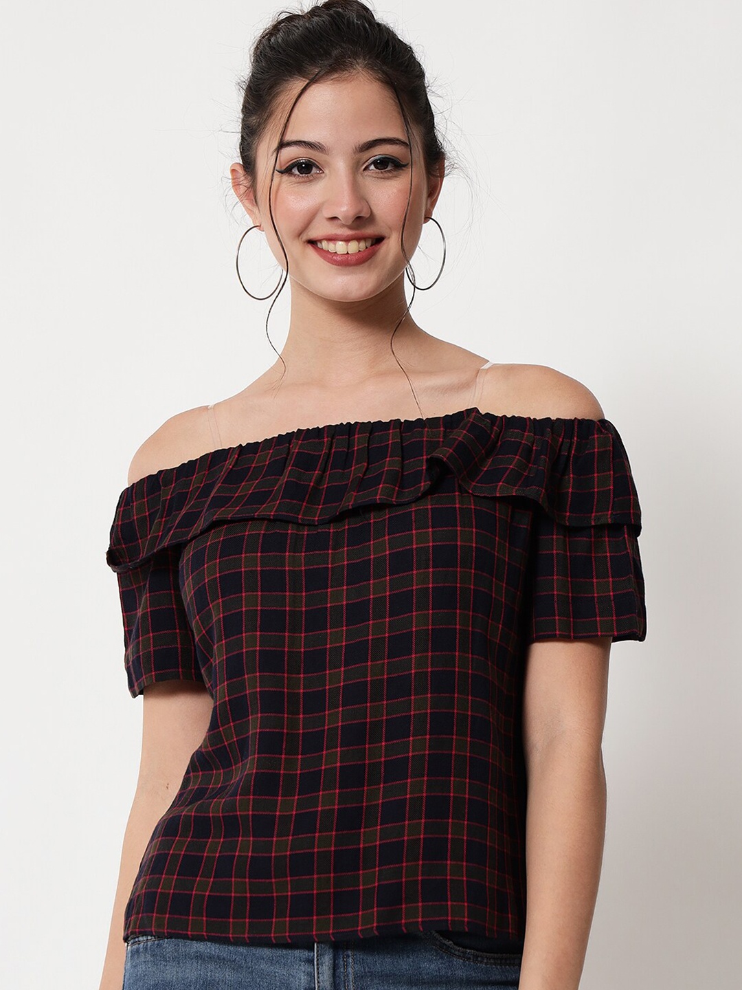 

CHARMGAL Blue & Olive Green Checked Off-Shoulder Bardot Top