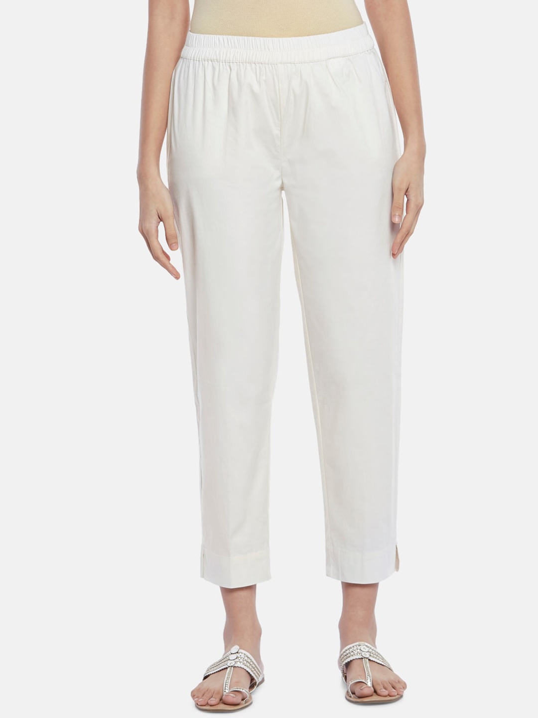 

RANGMANCH BY PANTALOONS Women Solid Off White Trousers