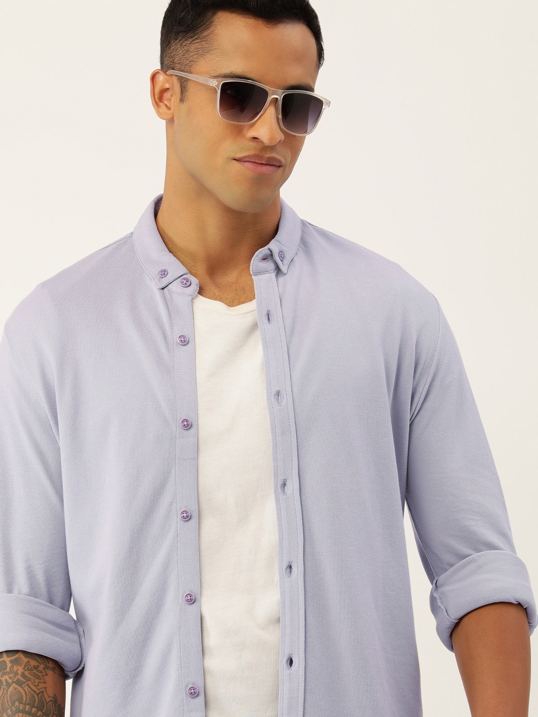 

FOREVER 21 Men Lavender Solid Pure Cotton Casual Shirt