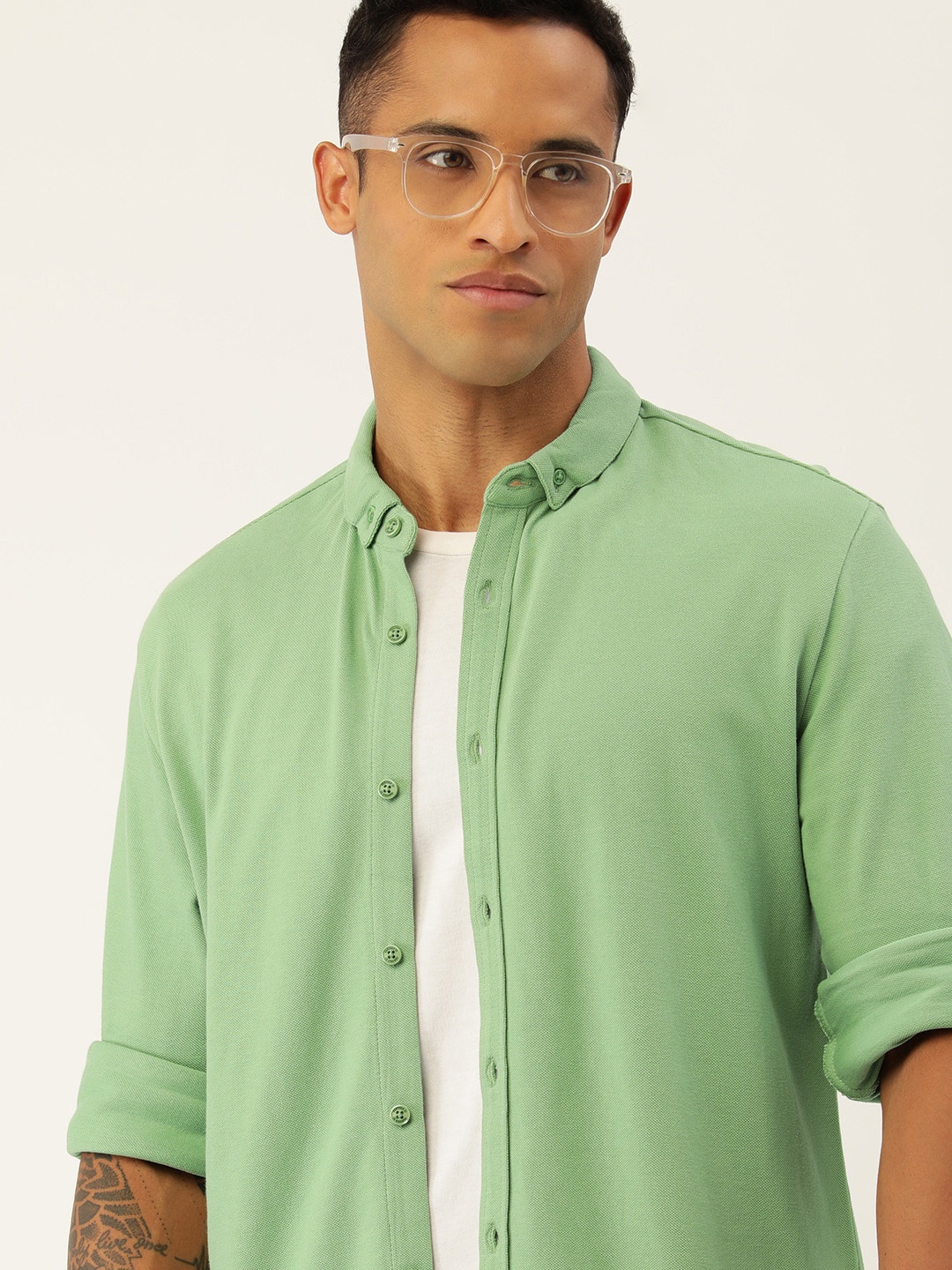 

FOREVER 21 Men Green Solid Pure Cotton Casual Shirt