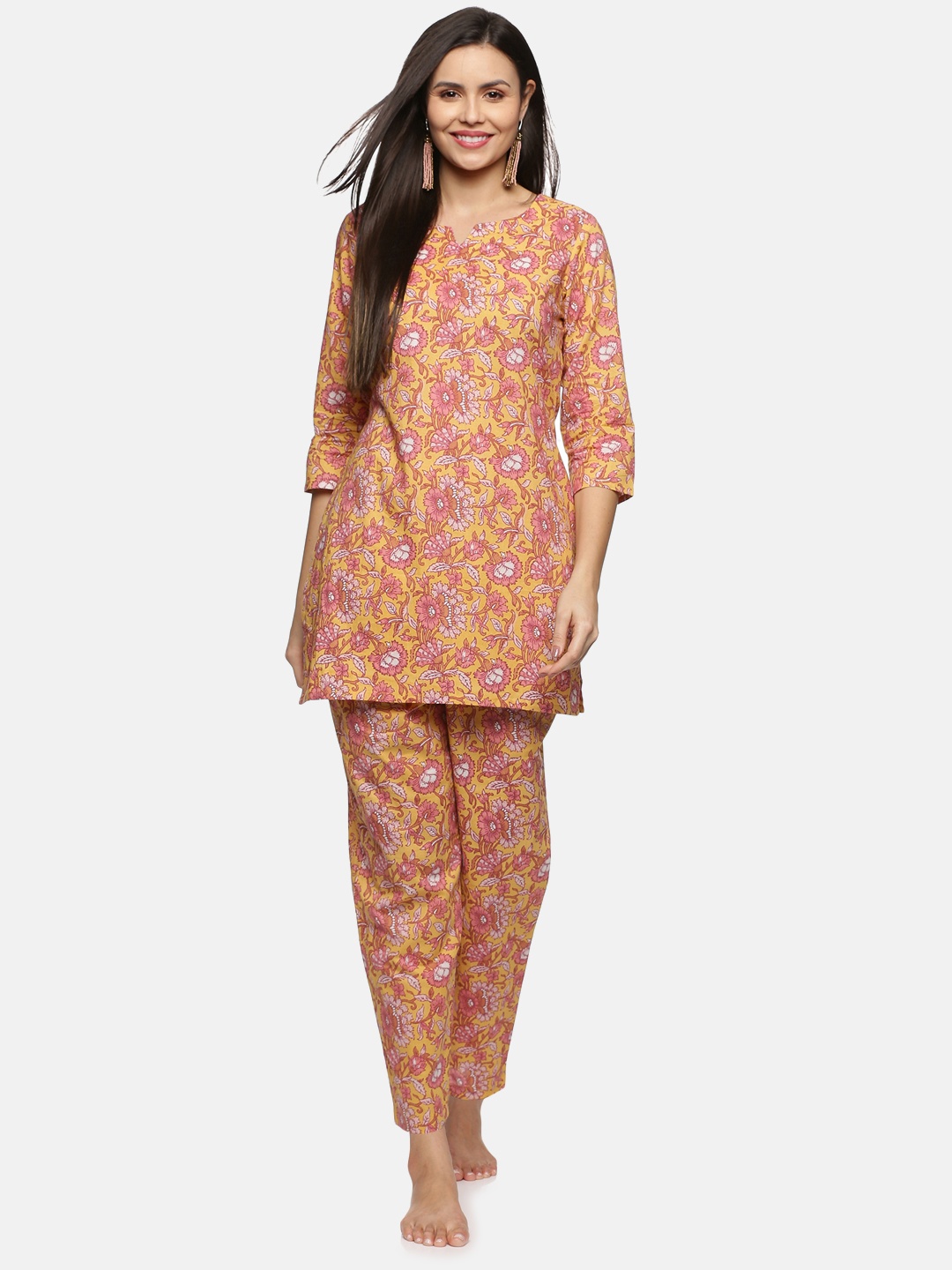 

Palakh Women Printed Pure Cotton Night suit, Yellow