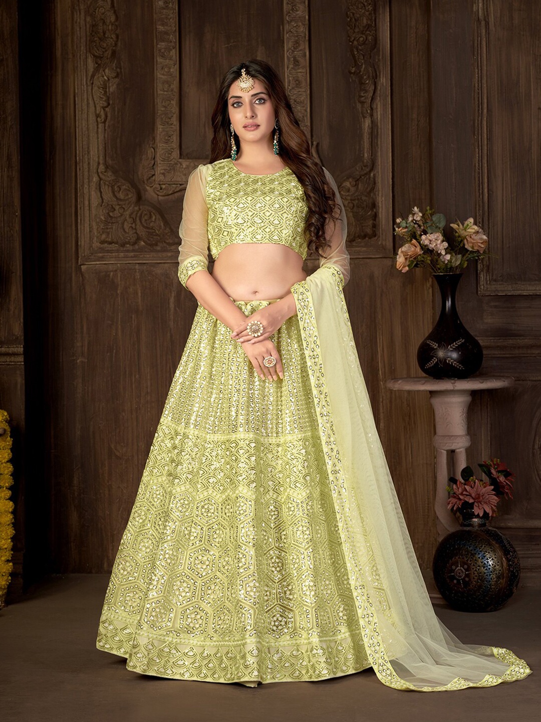 

Kvsfab Lime Green & Gold-Toned Embroidered Sequinned Semi-Stitched Lehenga & Unstitched Blouse With Dupatta