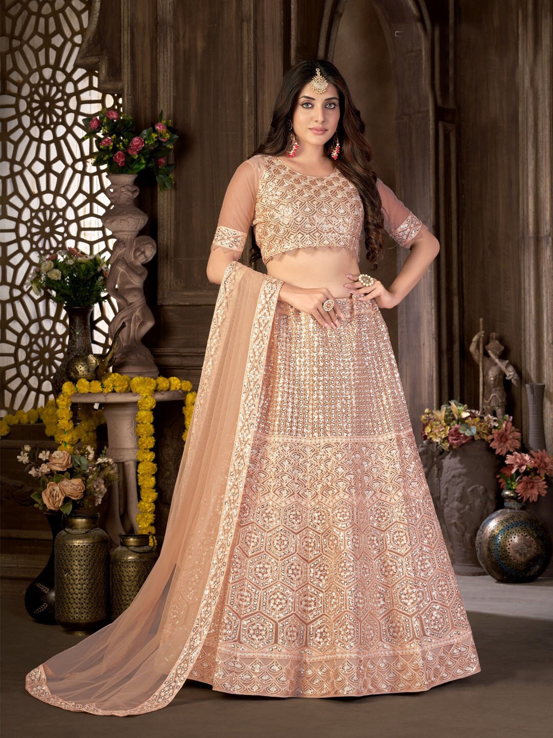 

Kvsfab Peach-Coloured & Gold-Toned Embroidered Sequinned Semi-Stitched Lehenga & Unstitched Blouse With