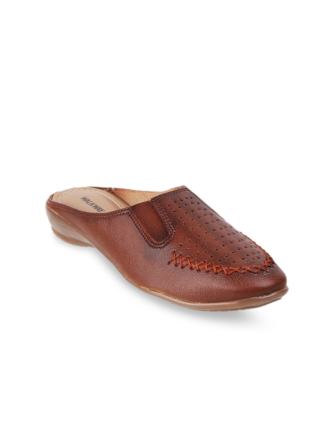 

WALKWAY by Metro Tan Textured Wedge Mules with Laser Cuts