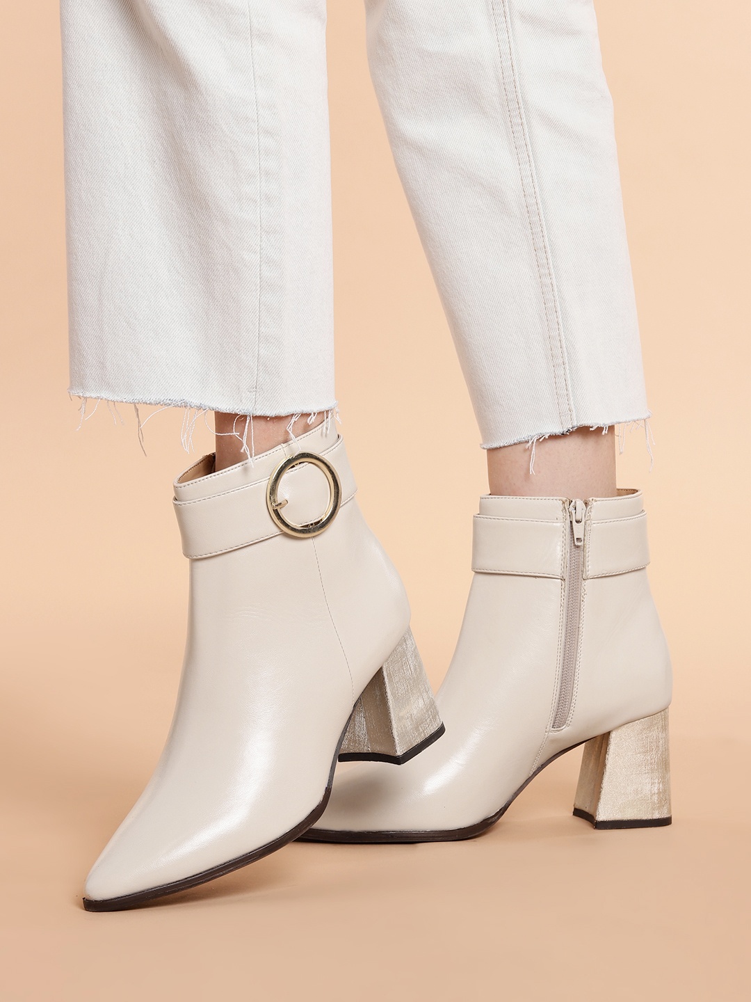 

DressBerry Women Mid-Top Block Heel Regular Boots, Cream