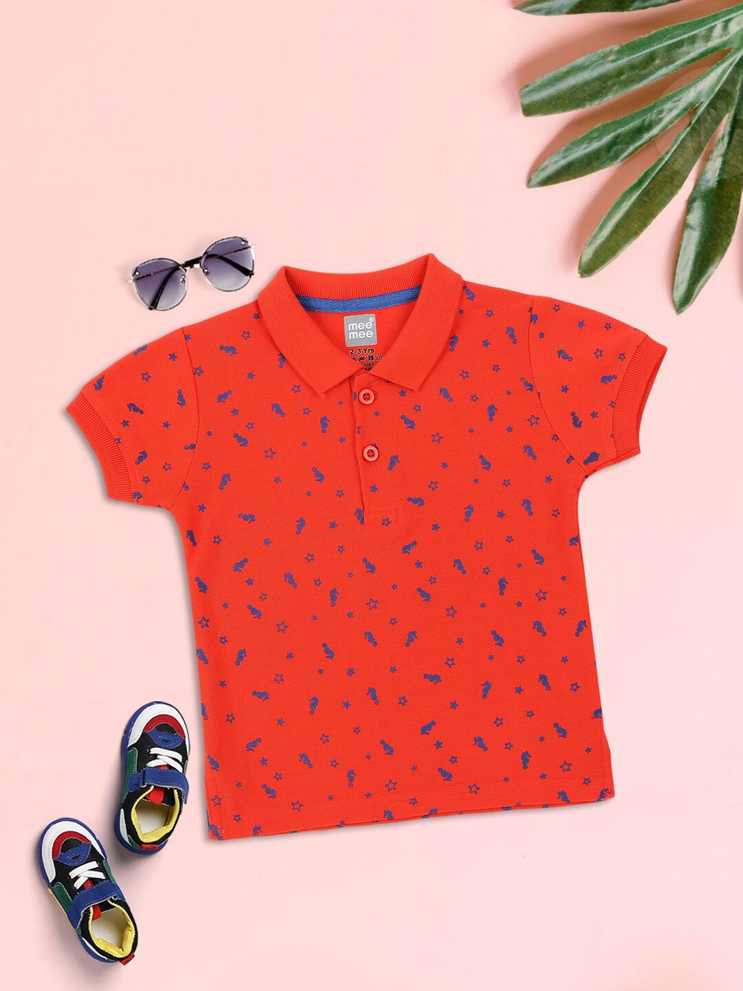 

MeeMee Boys Red Printed Polo Collar T-shirt