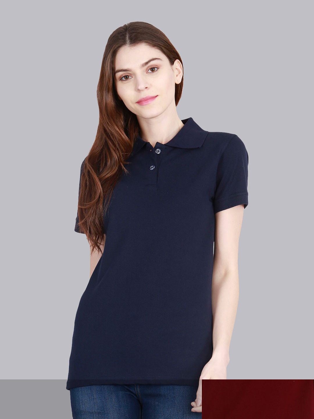 Fleximaa Women Pack of 2 Maroon & Navy Blue Polo Collar Cotton T-shirt