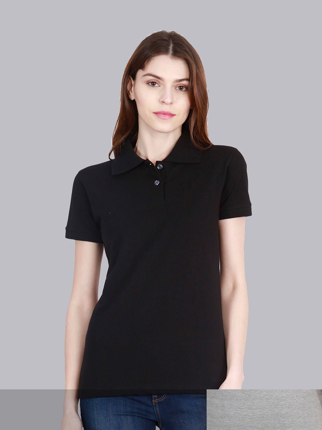 

Fleximaa Women Black & Grey Solid Polo Neck Tshirt (pack of 2)