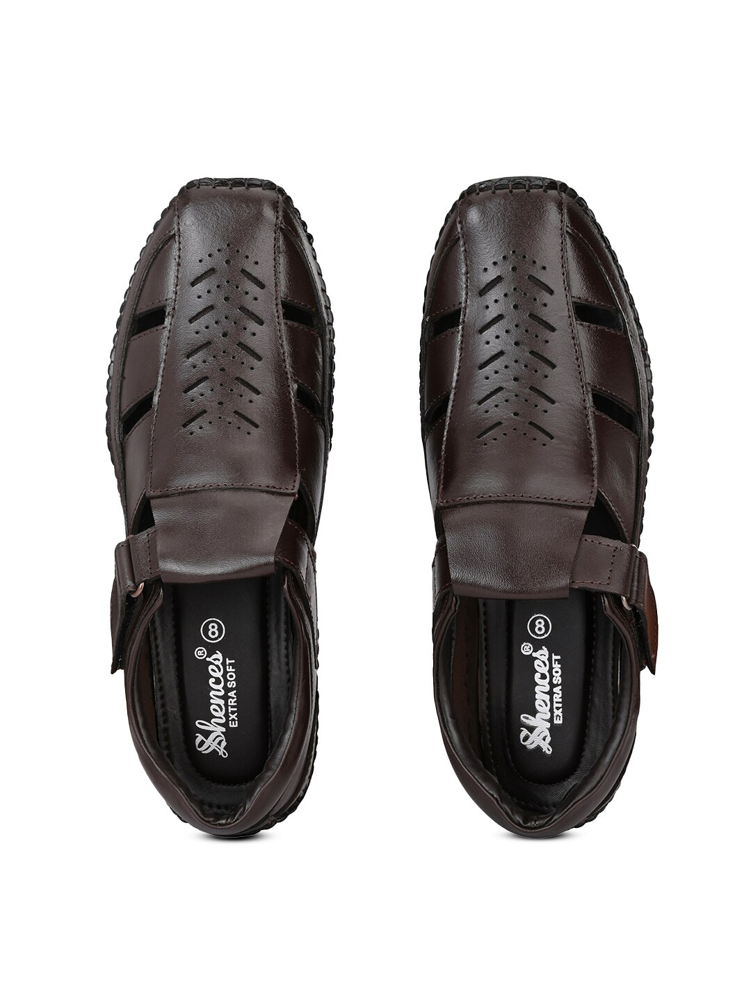 

SHENCES Men Brown & Black Leather Shoe-Style Sandals