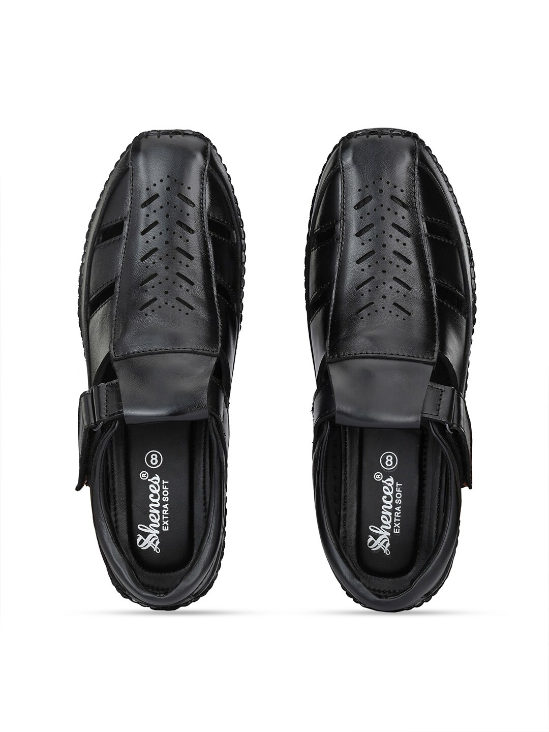 

SHENCES Men Black Leather Shoe-Style Sandals