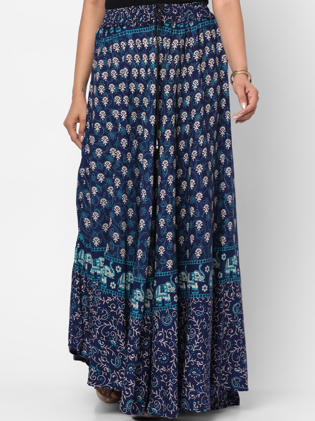 

Kastiel Women Blue Block Printed Maxi Flared Skirts, Teal