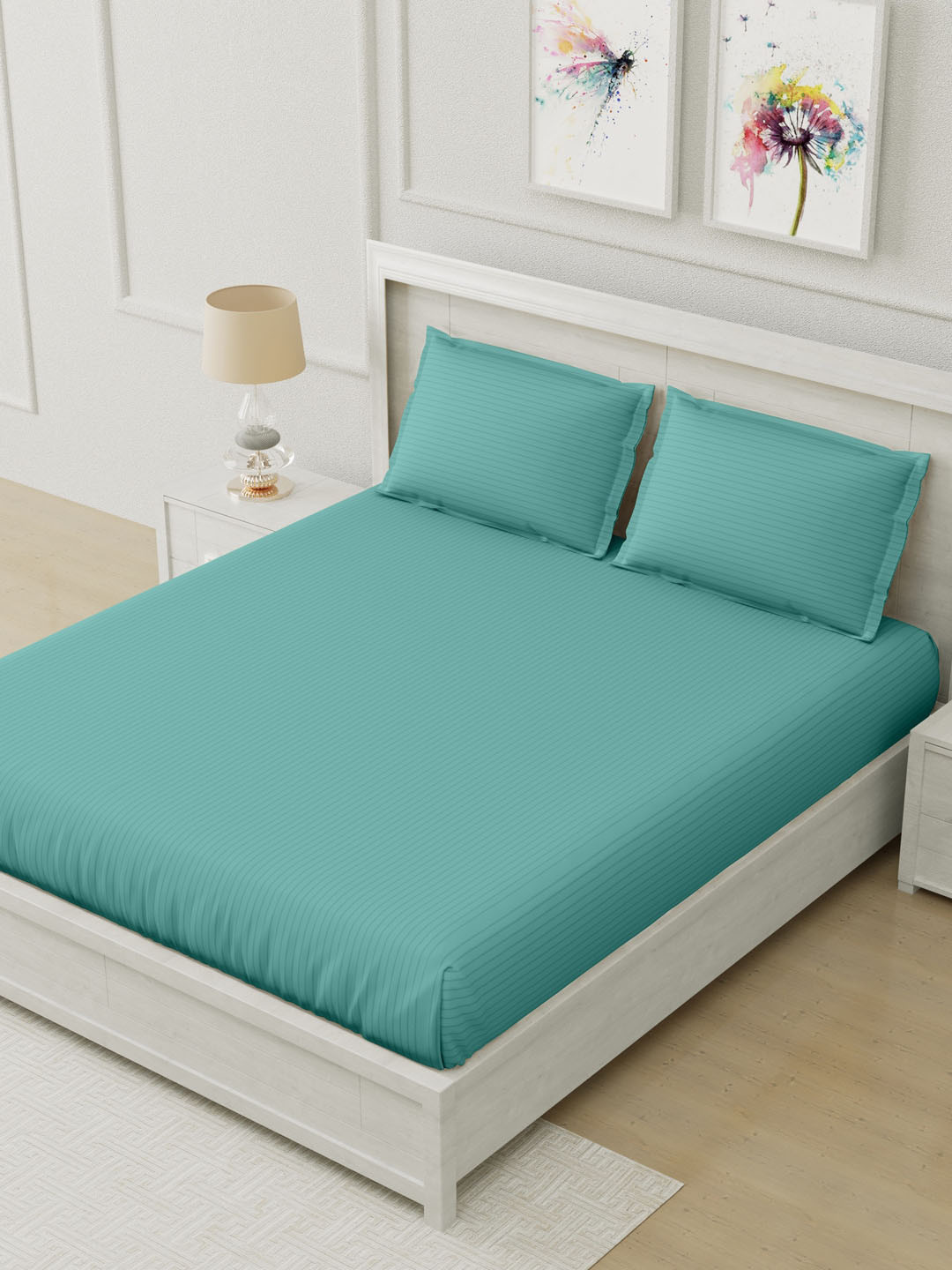 

Home Fresh Teal 210 TC Striped Cotton King Bedsheet with 2 Pillow Covers