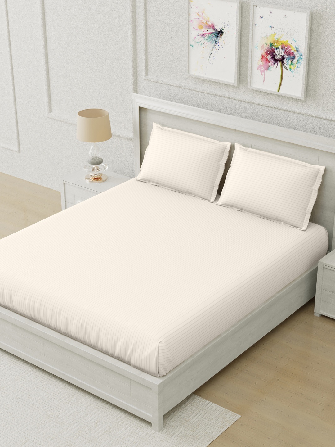 

Home Fresh Cream 210 TC Striped Cotton King Bedsheet with 2 Pillow Covers