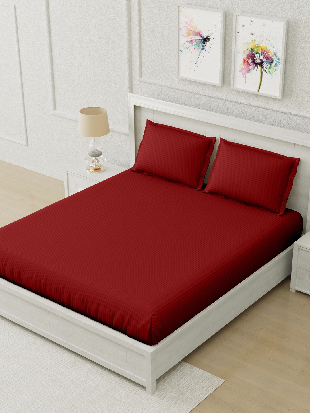 

Home Fresh Maroon 210 TC Striped Cotton King Bedsheet with 2 Pillow Covers