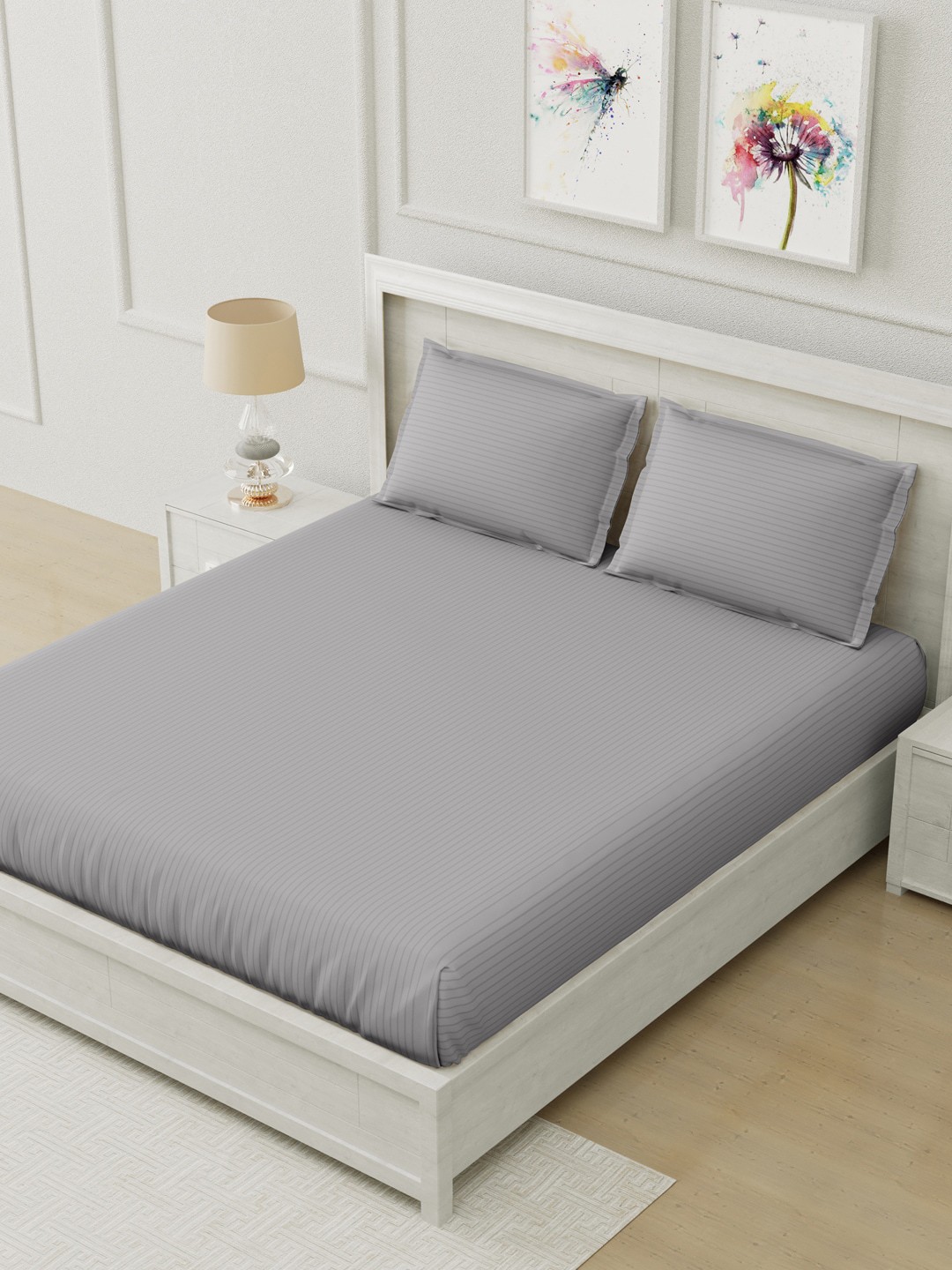 

Home Fresh Grey 210 TC Striped Cotton King Bedsheet with 2 Pillow Covers