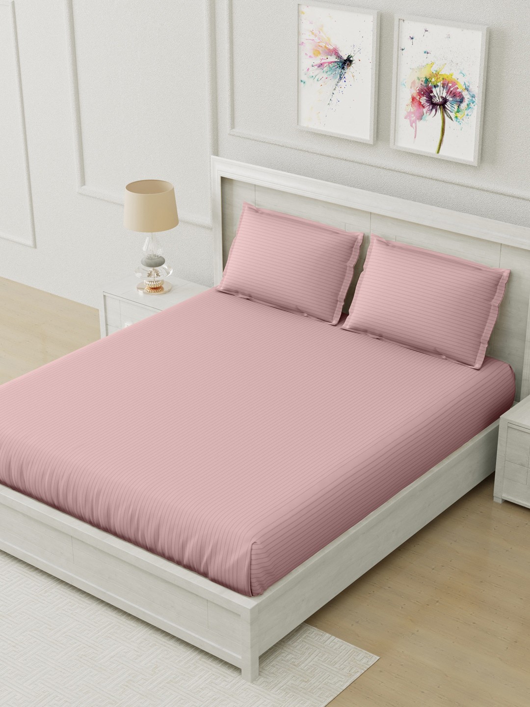 

Home Fresh Pink 210 TC Striped Cotton King Bedsheet with 2 Pillow Covers