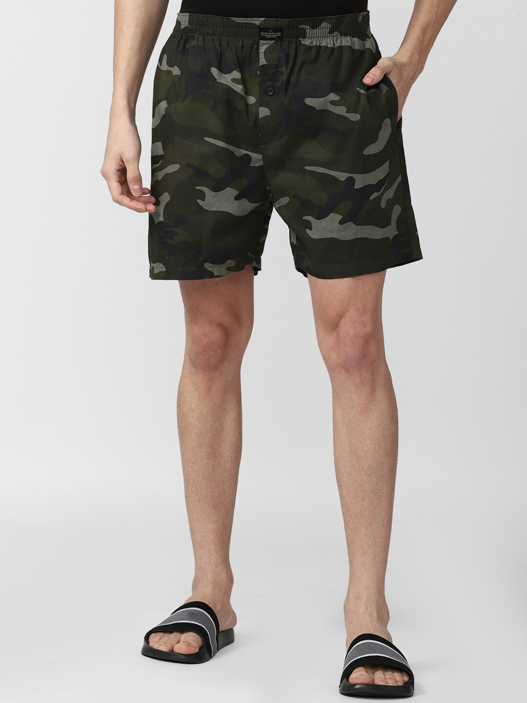 

Peter England Men Olive Green Camouflage Printed Pure Cotton Boxers