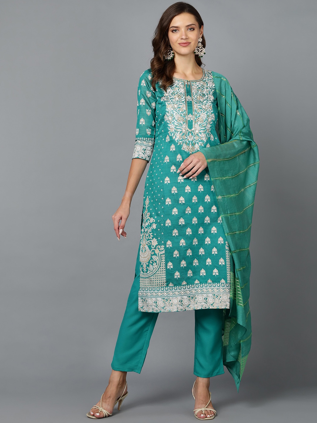 

Bani Women Green Ethnic Motifs Printed Chanderi Silk Kurta with Trousers & With Dupatta