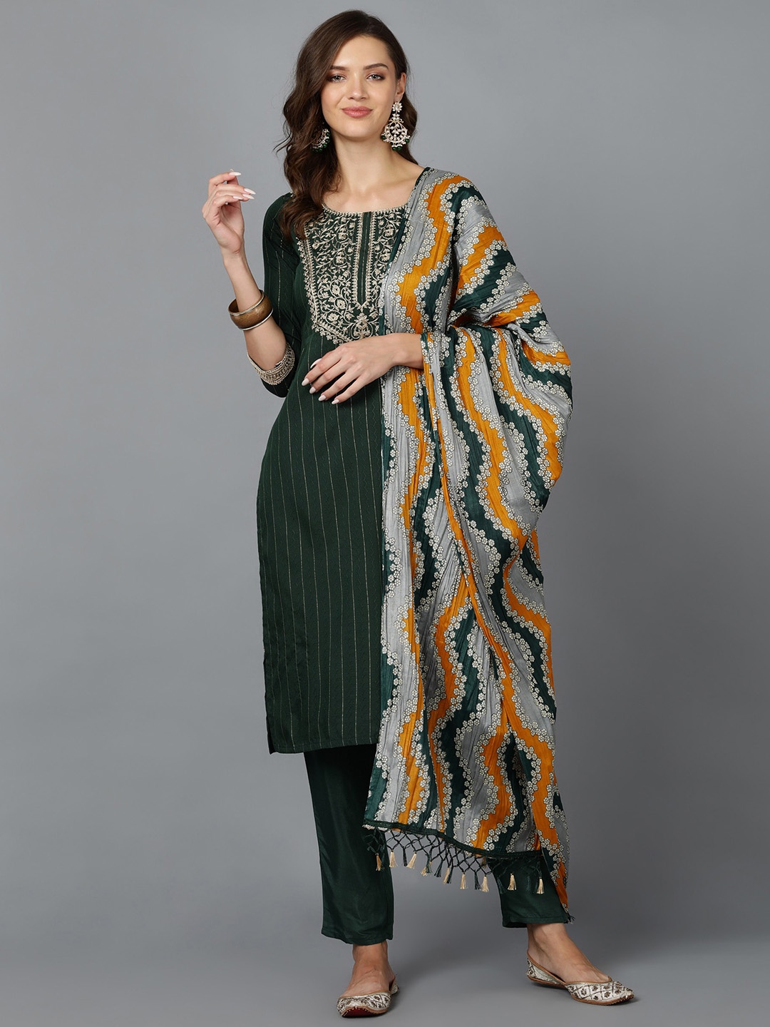 

Bani Women Green Ethnic Motifs Yoke Design Chanderi Silk Kurta with Trousers & With Dupatta