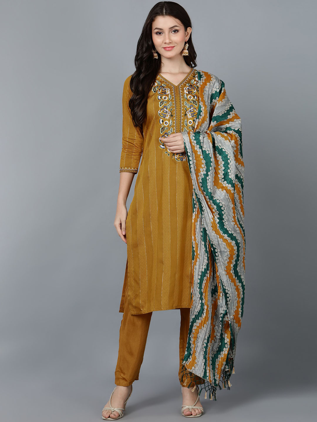 

Bani Women Mustard Yellow Ethnic Motifs Yoke Design Chanderi Silk Kurta with Trousers & With Dupatta