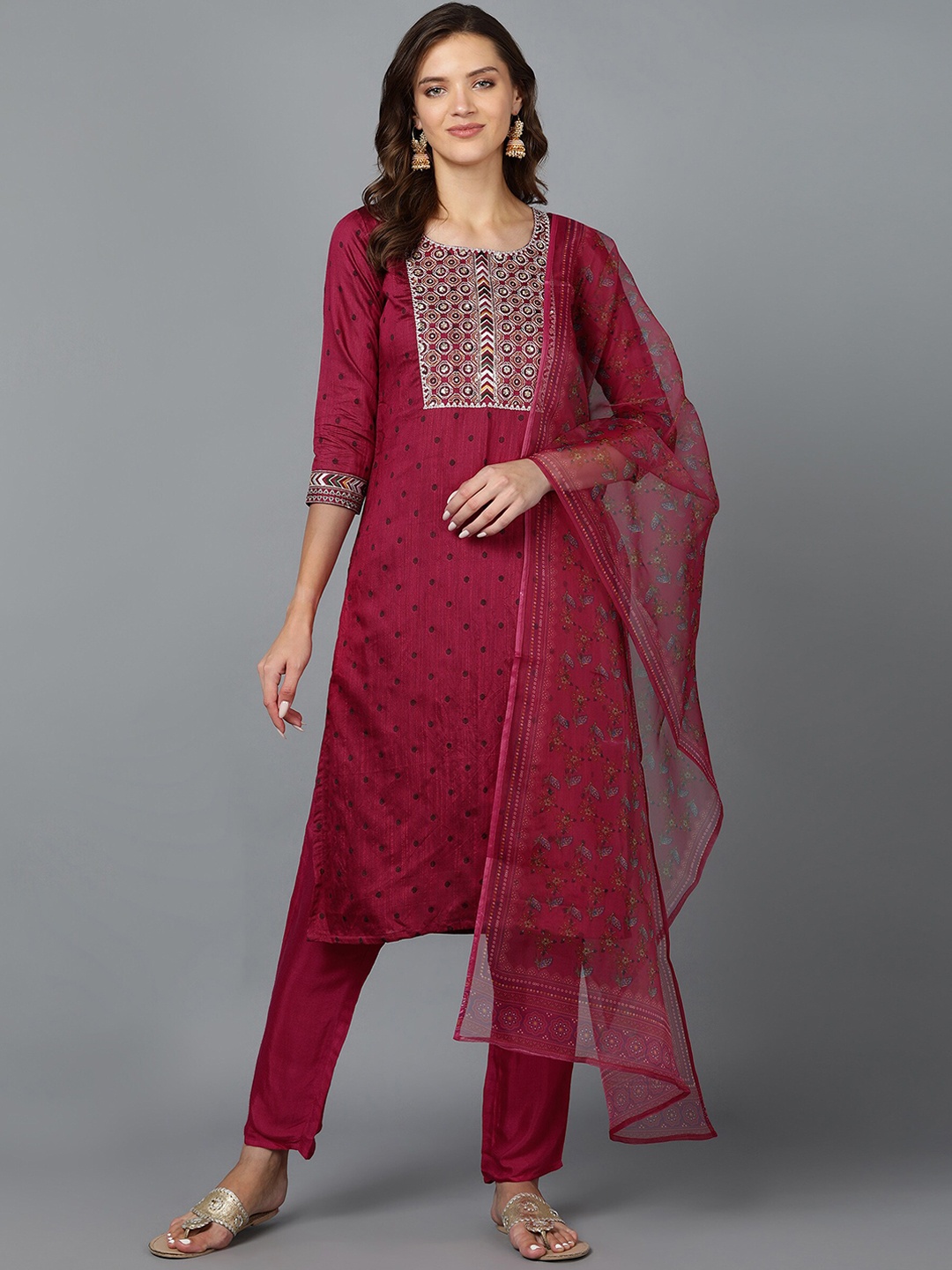 

Bani Women Maroon Ethnic Motifs Chanderi Silk Kurta with Trousers & With Dupatta