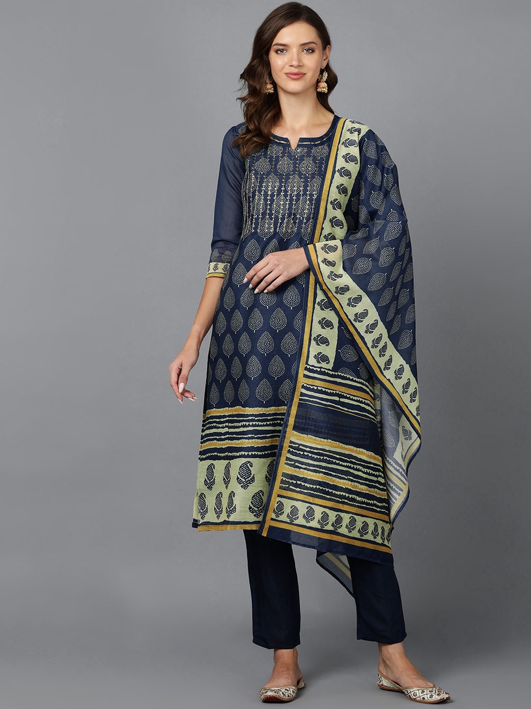 

Bani Women Navy Blue Paisley Printed Chanderi Silk Kurta with Trousers & With Dupatta