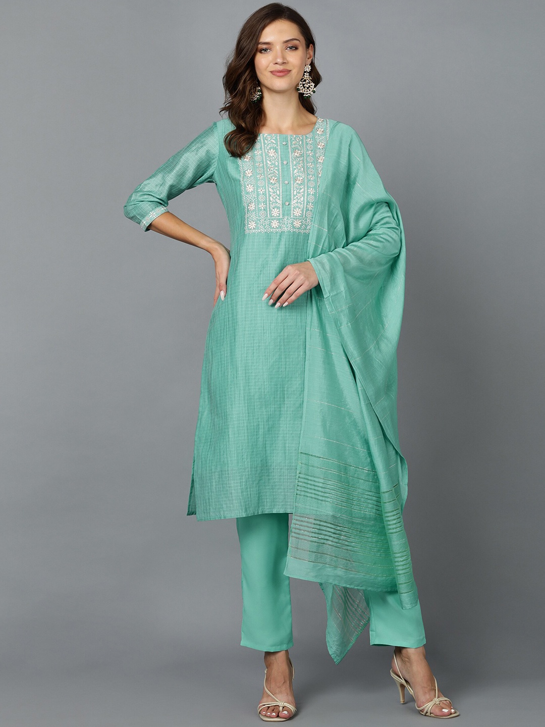 

Bani Women Green Ethnic Motifs Yoke Design Chanderi Silk Kurta with Trousers & With Dupatta