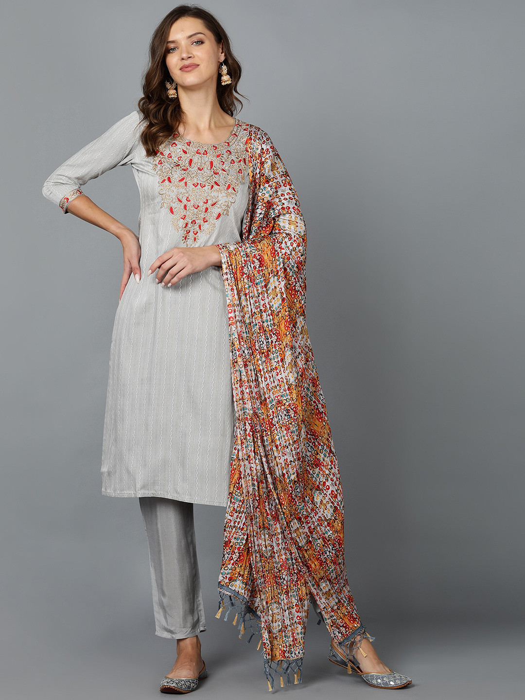 

Bani Women Grey Floral Yoke Design Chanderi Silk Kurta with Trousers & With Dupatta