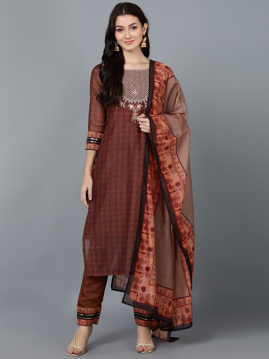 

Bani Women Rust Ethnic Motifs Chanderi Silk Kurta with Trousers & With Dupatta