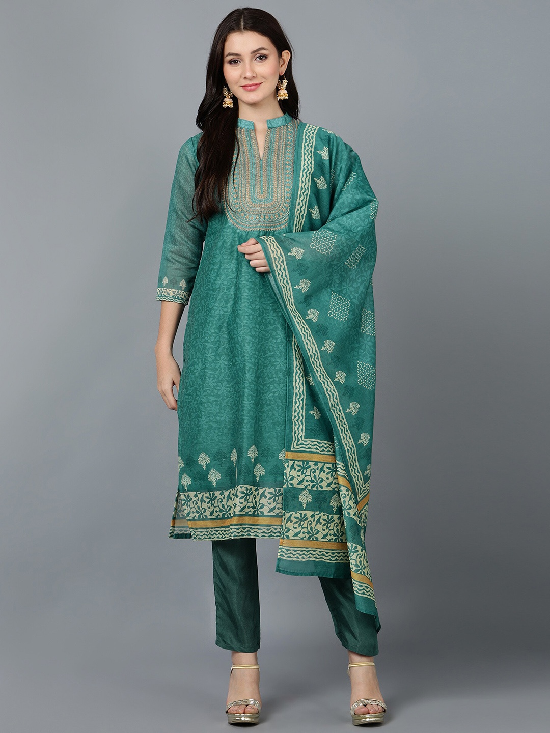 

Bani Women Green Ethnic Motifs Printed Chanderi Silk Kurta with Trousers & With Dupatta