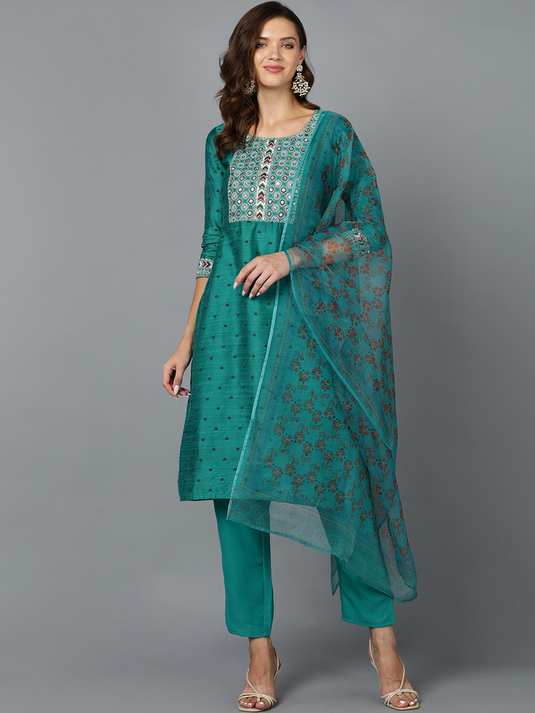 

Bani Women Green Ethnic Motifs Embroidered Chanderi Silk Kurta with Trousers & With Dupatta
