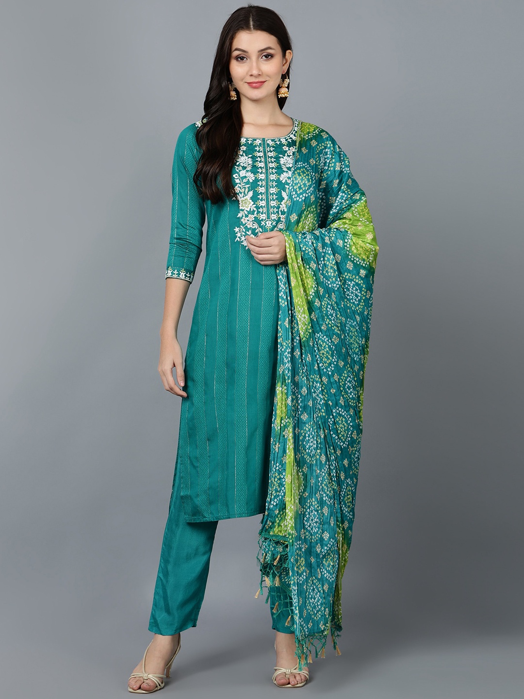 

Bani Women Green Ethnic Motifs Yoke Design Chanderi Silk Kurta with Trousers & With Dupatta