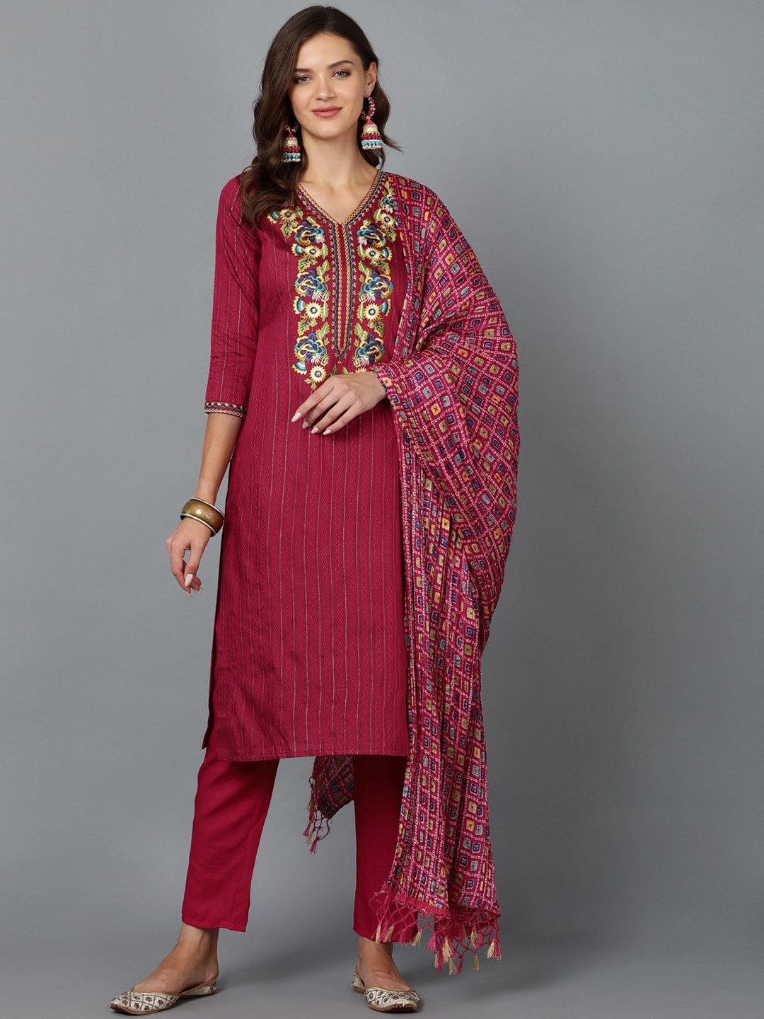 

Bani Women Fuchsia Embroidered Chanderi Silk Kurta with Trousers & With Dupatta