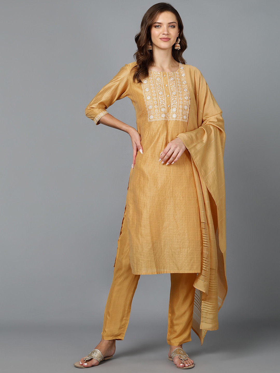 

Bani Women Mustard Yellow Ethnic Motifs Yoke Design Chanderi Silk Kurta with Trousers & With Dupatta