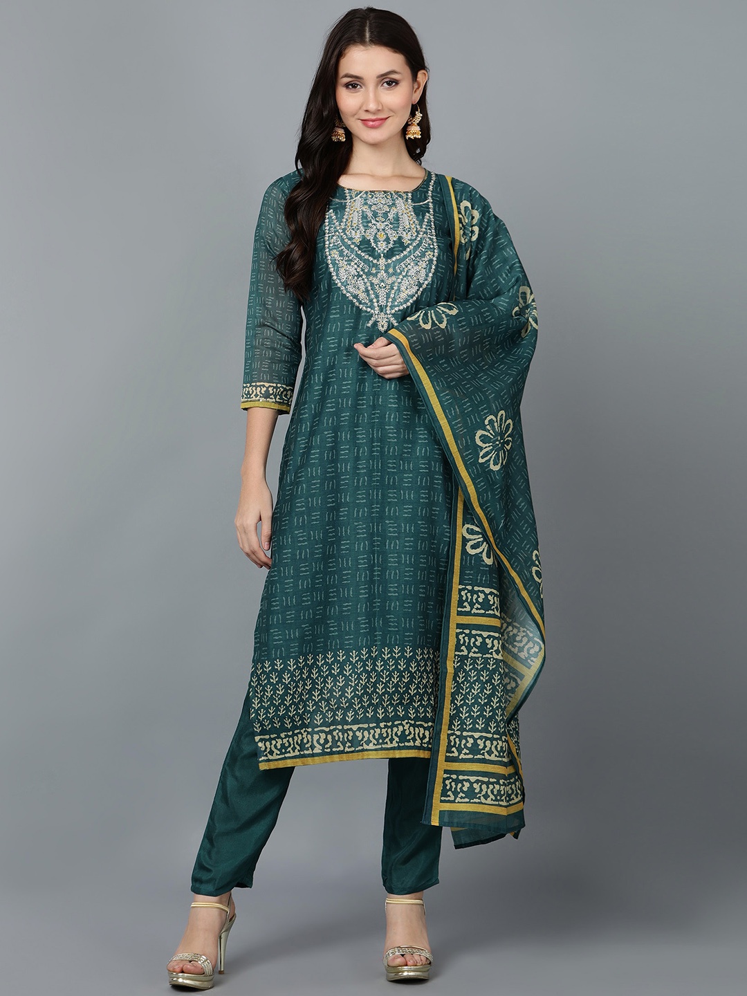 

Bani Women Teal Ethnic Motifs Yoke Design Chanderi Silk Kurta with Trousers & With Dupatta