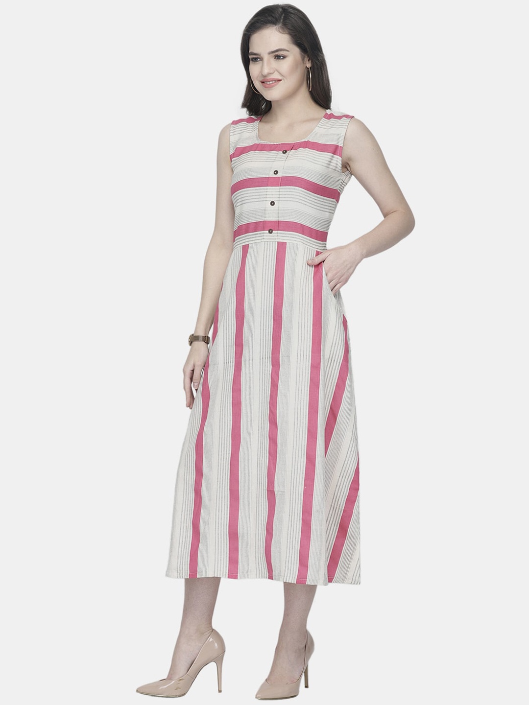 

Aarsha Women Pink Striped Thread Work Kurta