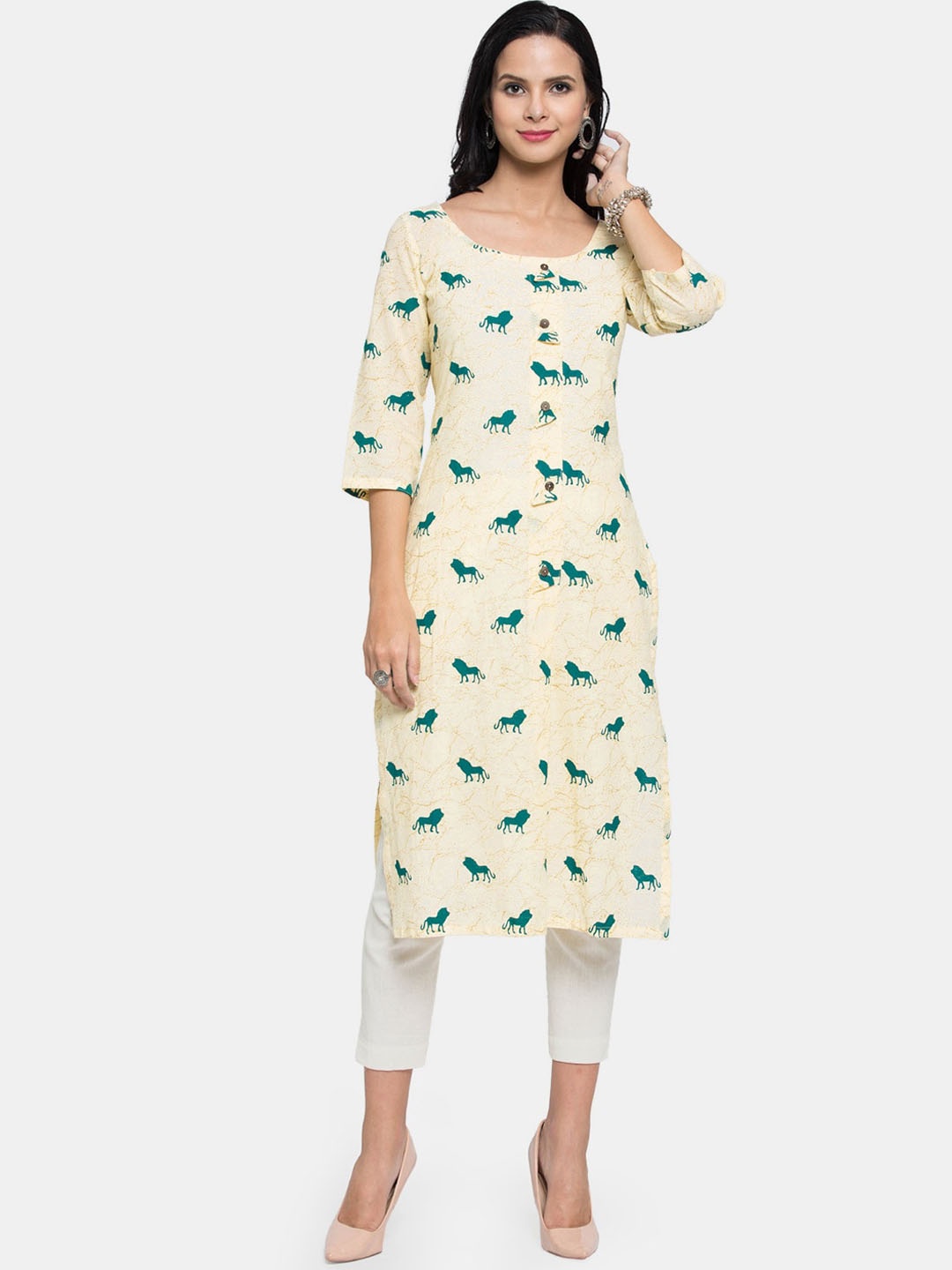 

Aarsha Women Yellow & Blue Lion Striped Cotton Kurta