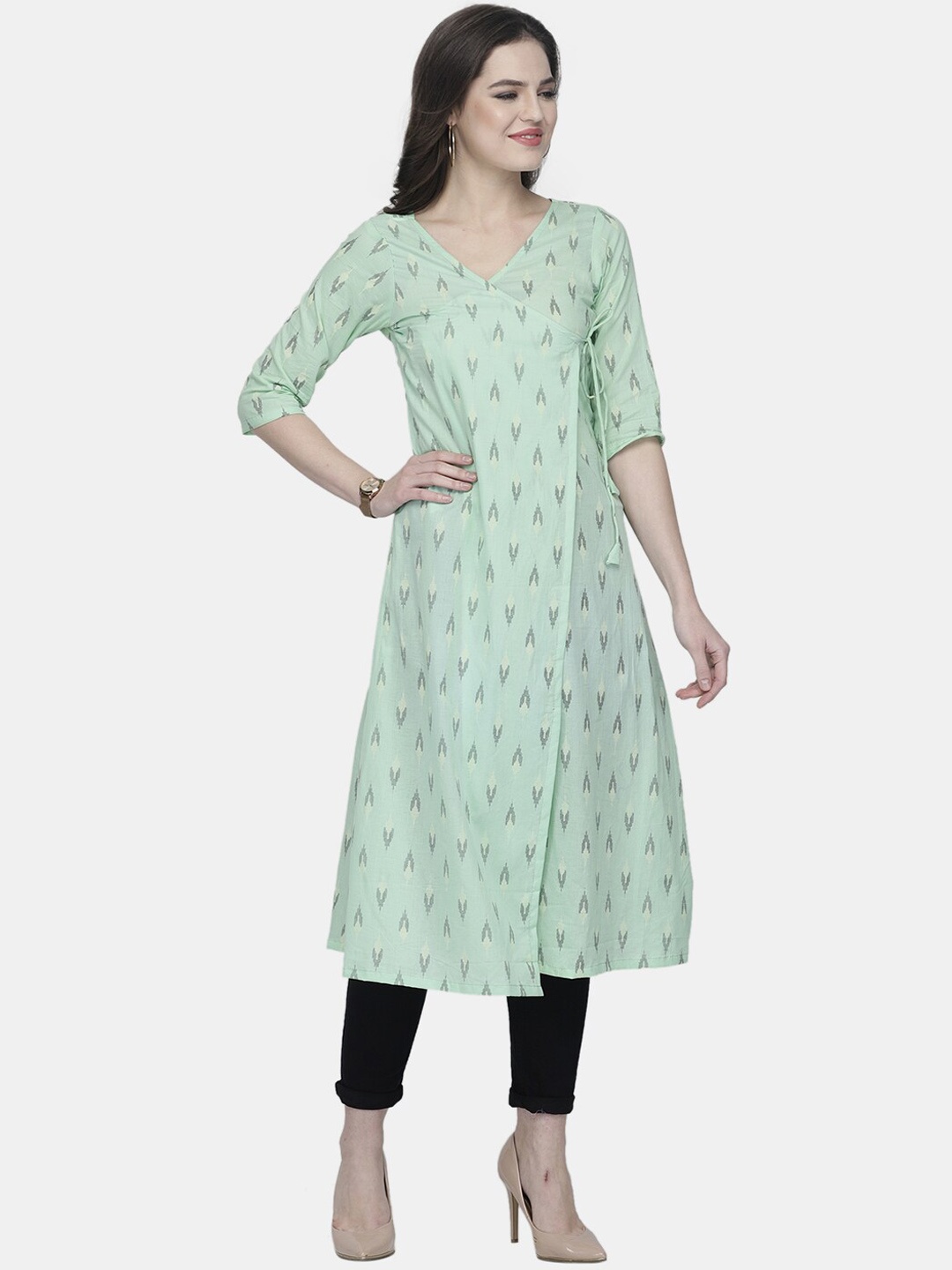 

Aarsha Women Green Printed Angrakha Cotton Kurta