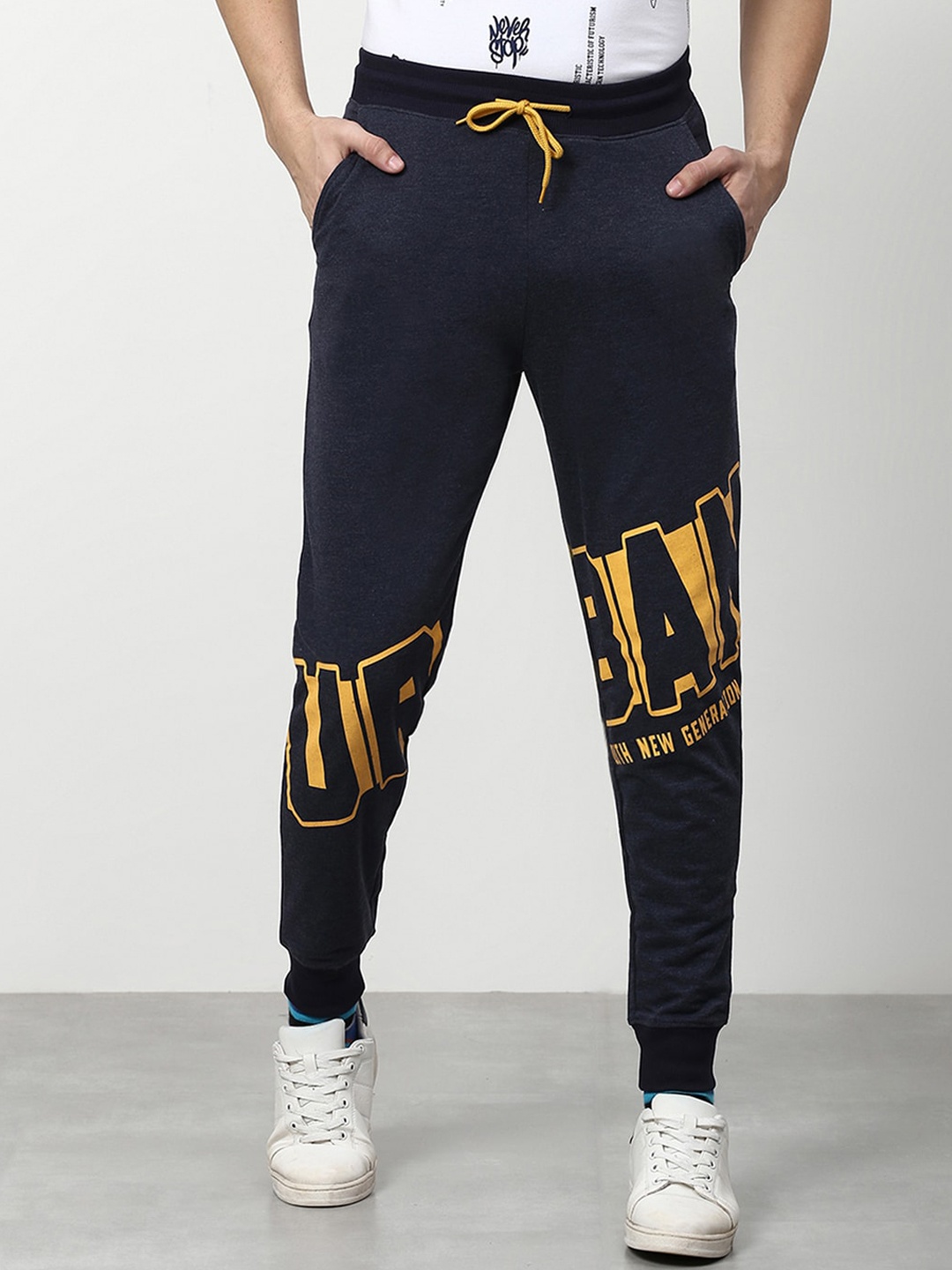 

abof Men Navy Blue Printed Joggers Trousers