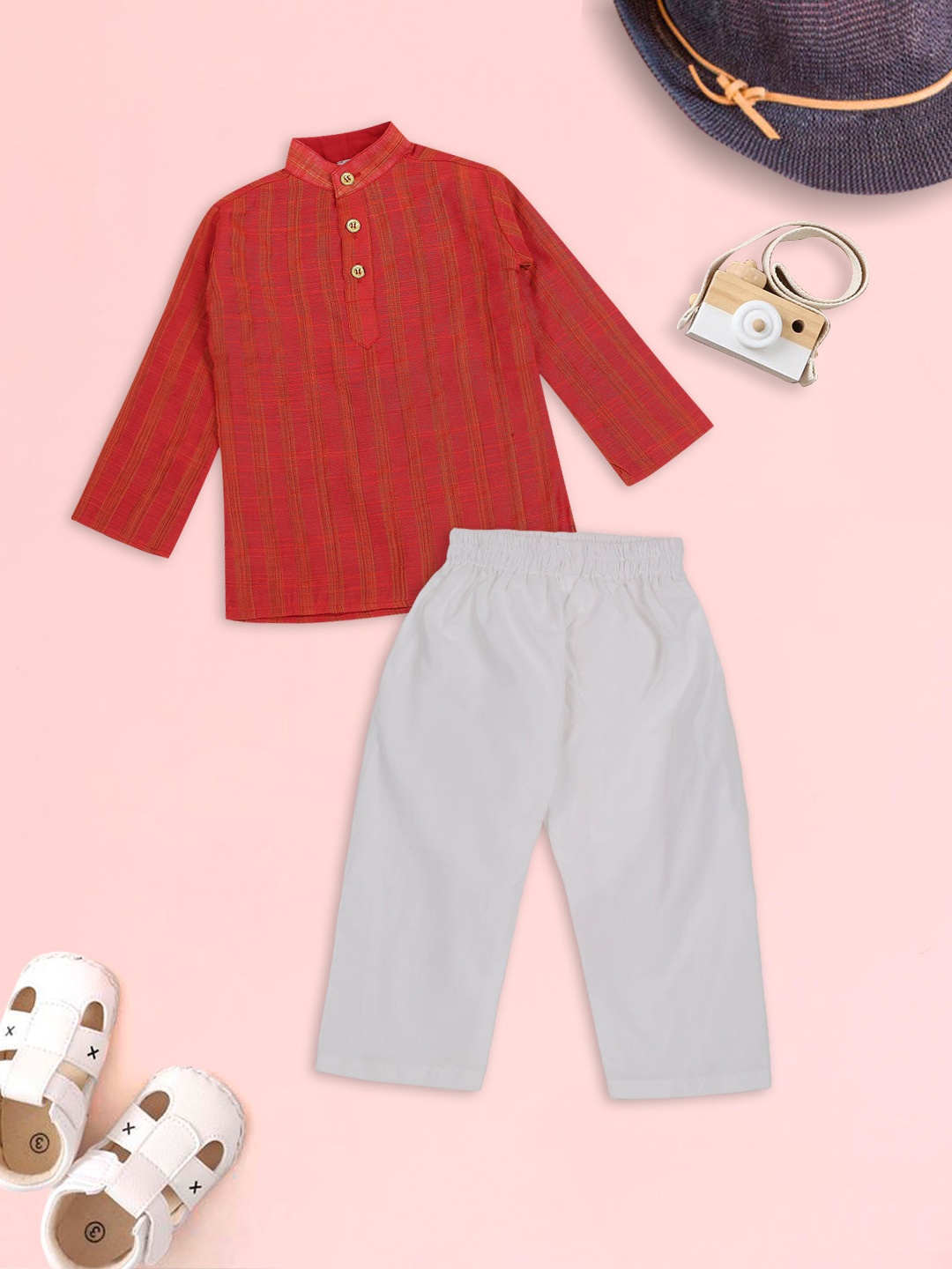 

MeeMee Boys Red & White Printed Kurta