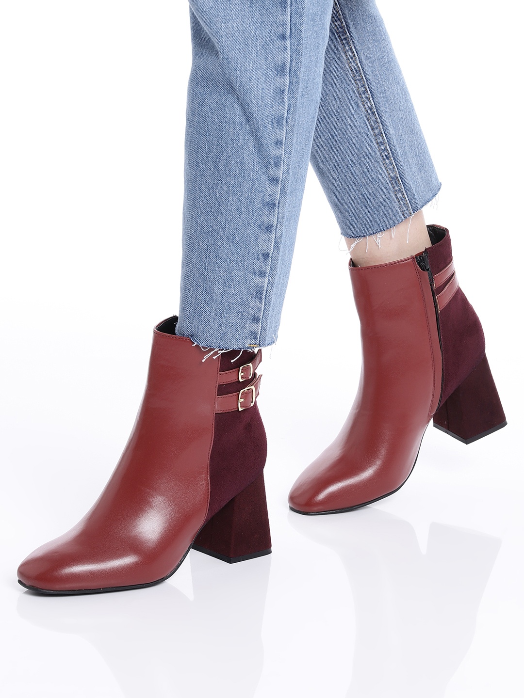 

Mast & Harbour Mid-Top Block Heel Regular Boots With Buckle Detail, Maroon
