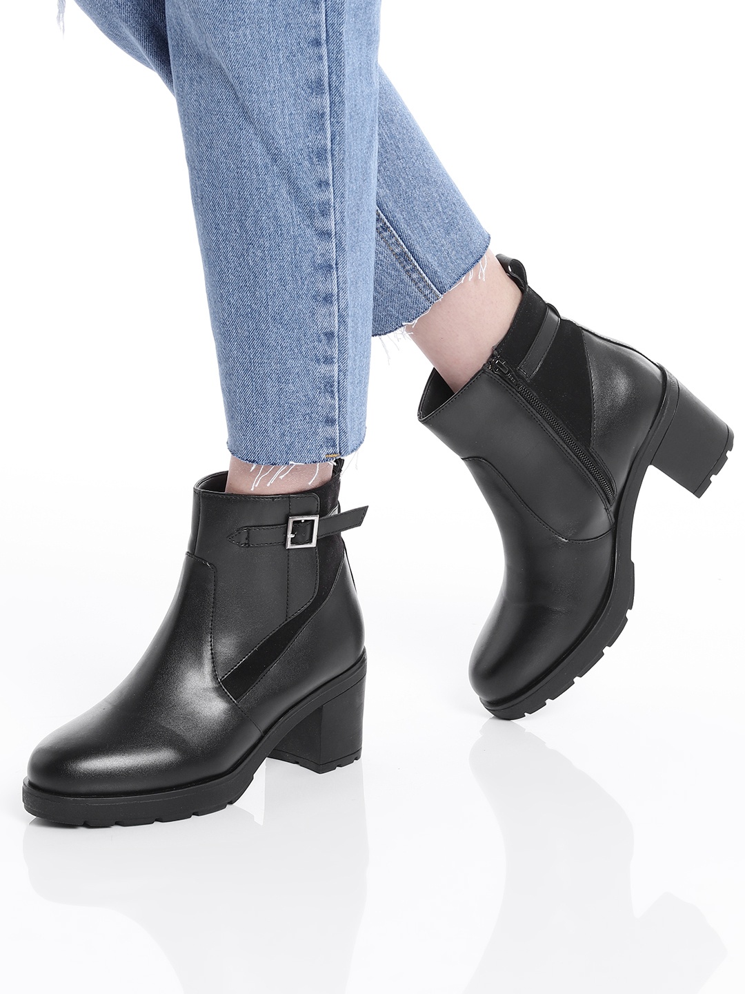 

Mast & Harbour Women Black Solid Regular Mid-Top Round Toe Boots