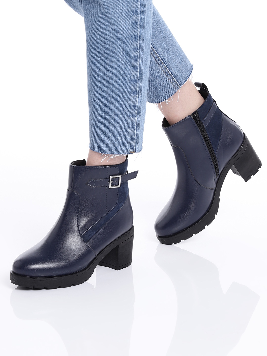 

Mast & Harbour Women Navy Blue Solid Heeled Boots with Buckle Detail