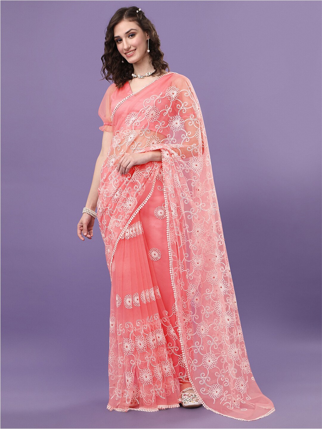 

Sangria Pink & White Floral Embroidered Net Saree
